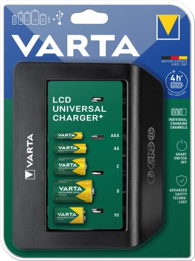 VARTA LCD Universal Charger+ 57688 – Универсално интелигентно зарядно за батерии AA, AAA, C, D и 9V, LCD дисплей, бързо зареждане