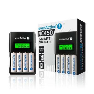 everActive NC-450 Black Edition – Интелигентно Зарядно за AA/AAA Ni-MH Батерии с Бързо Зареждане и LCD Дисплей