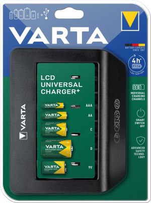 VARTA LCD Universal Charger+ 57688 – Универсално интелигентно зарядно за батерии AA, AAA, C, D и 9V, LCD дисплей, бързо зареждане