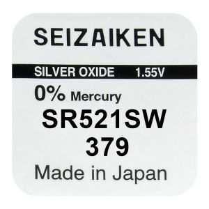 Сребърна батерия SEIZAIKEN / SEIKO 379 / SR521SW / SR63 – 1.55V, 13mAh, Произведена в Япония